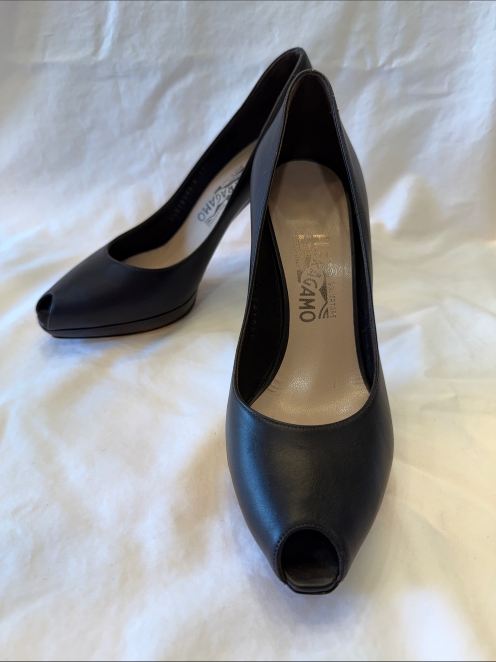 Salvatore Ferragamo Black Leather Peep-Toe Platform Pumps